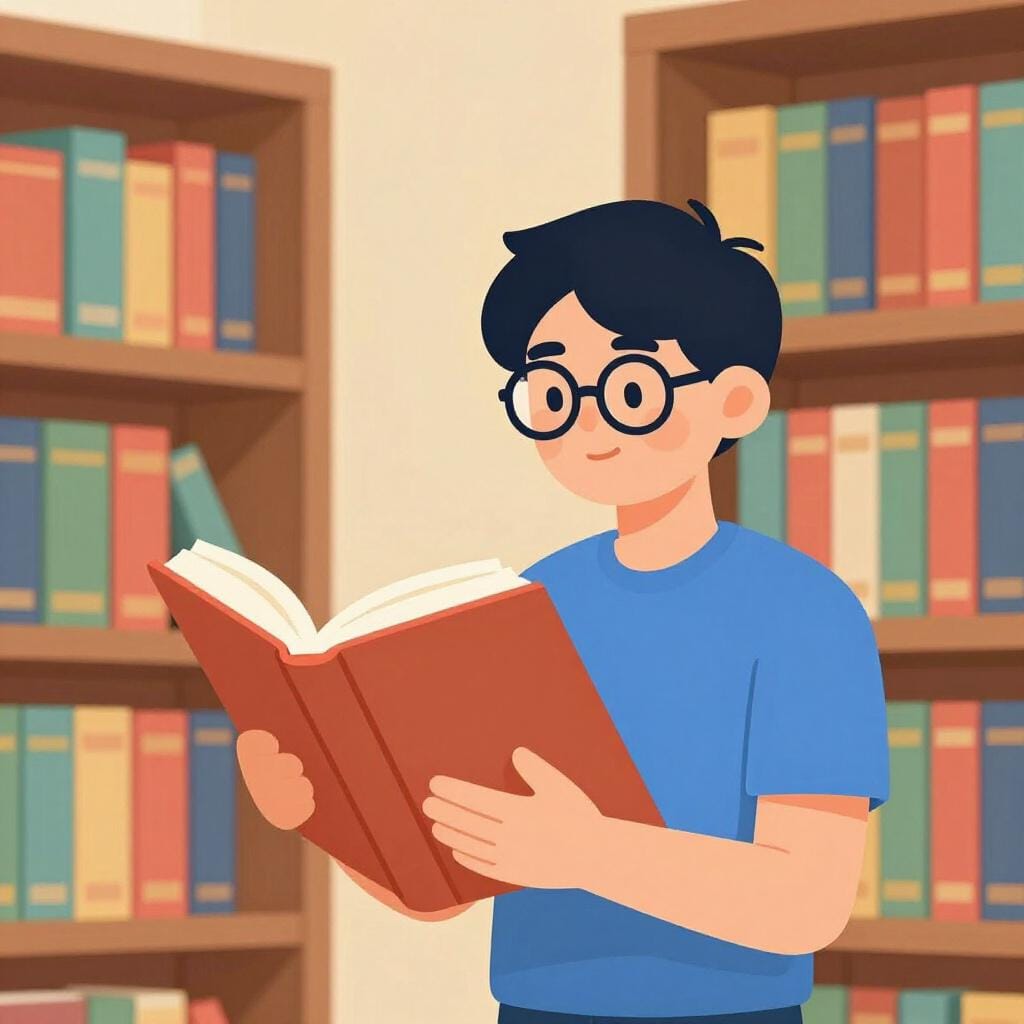 Eine Person in einer gemütlichen Bibliothek, die ein großes Buch hält, umgeben von hohen Regalen voller Bücher.