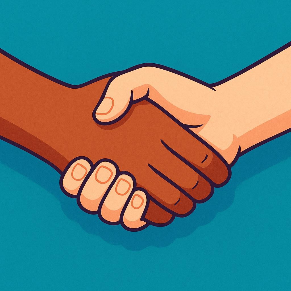 Two stylized cartoon hands clasped together in a firm handshake, representing trust, reliability, and believability.