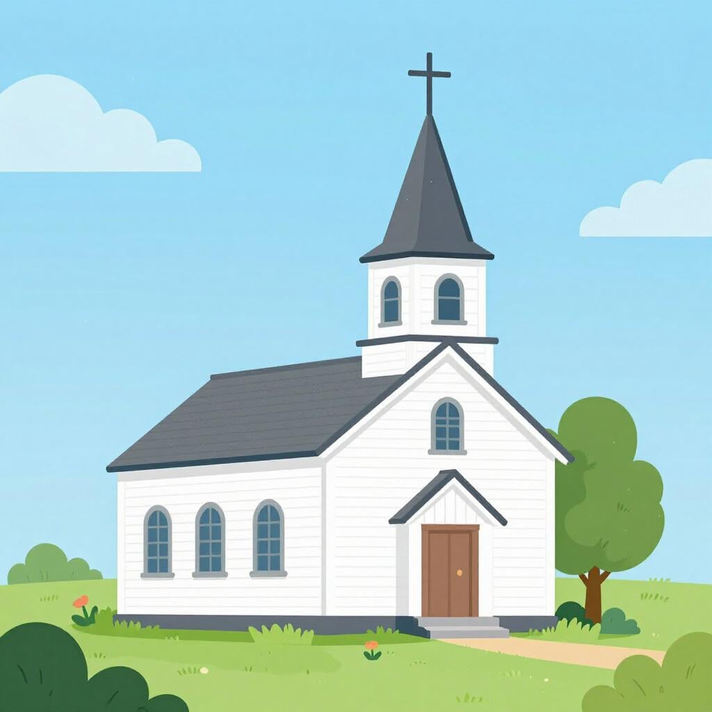 A simple white church with a tall steeple and a plain cross, set against a bright blue sky.