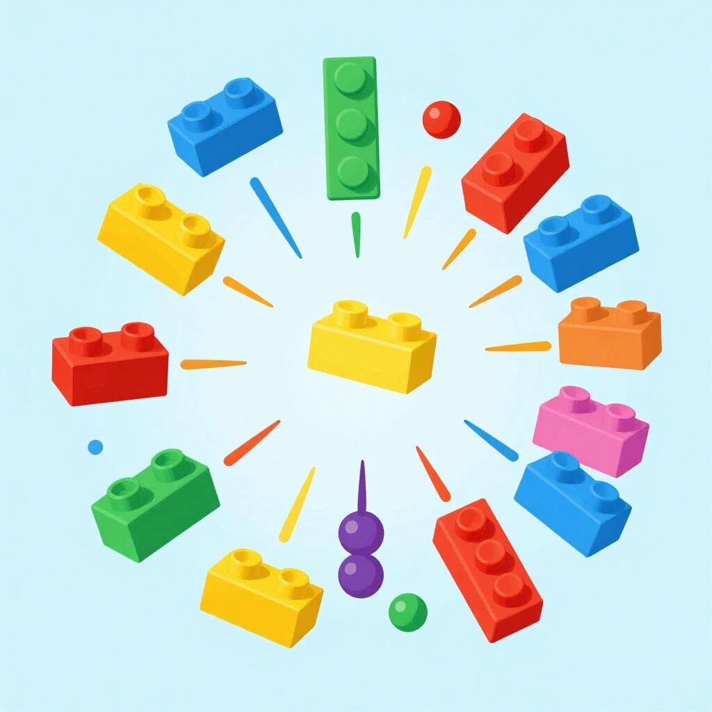 A large pile of colorful building blocks scattered and flying outward as if from a central point.