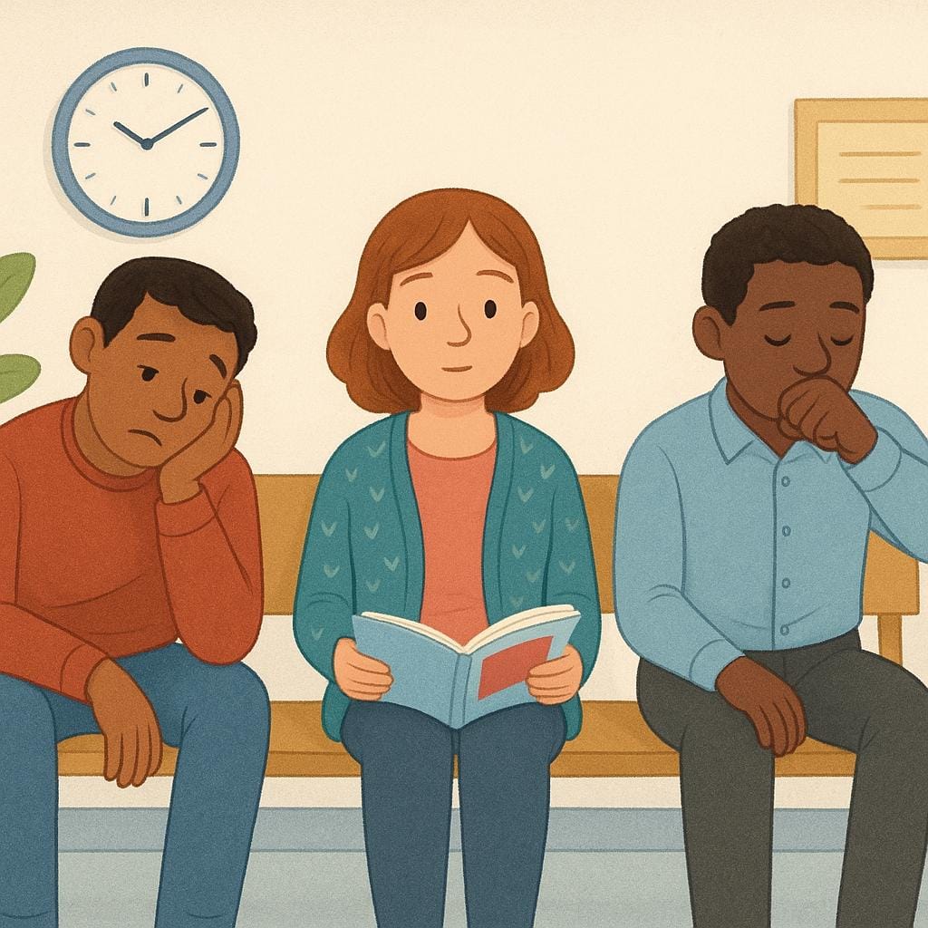 Un groupe de trois personnes, hommes et femmes compris, assises tranquillement sur un banc en bois dans une pièce simple et lumineuse. Une personne repose sa tête sur sa main, l'air fatigué, représentant un groupe de personnes malades.