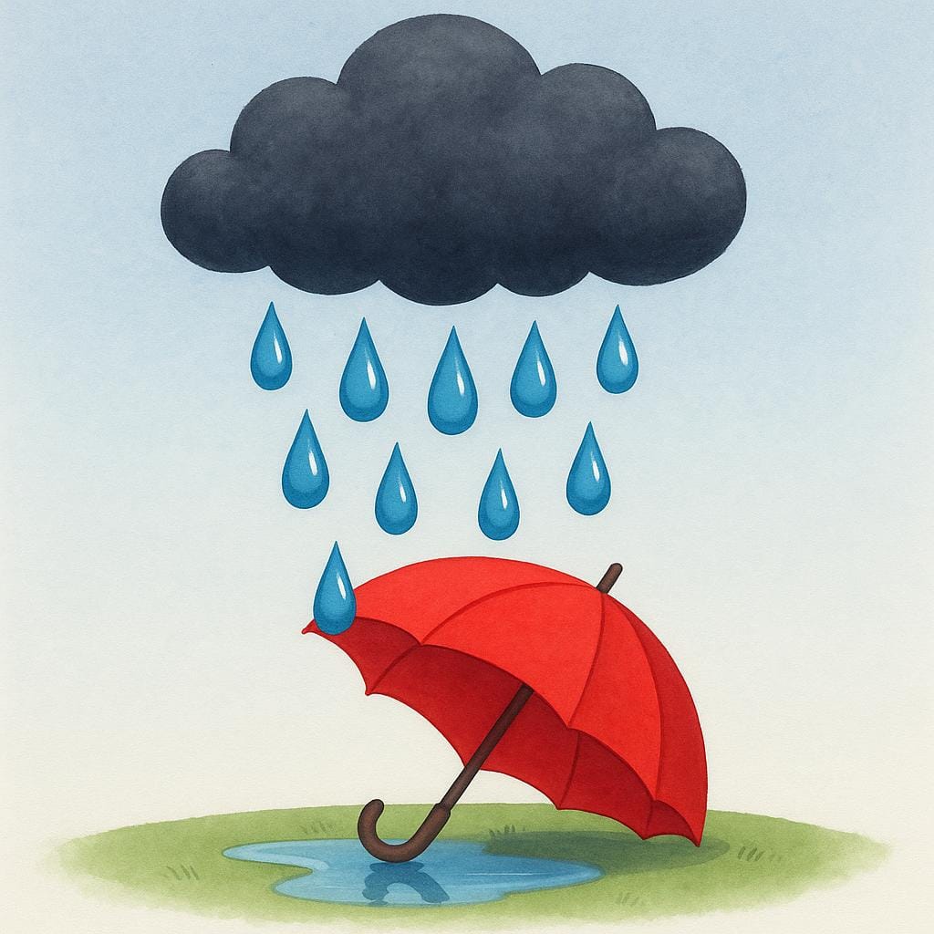 A dark, heavy rain cloud hanging directly above an open yellow umbrella, indicating that rain is about to fall immediately.