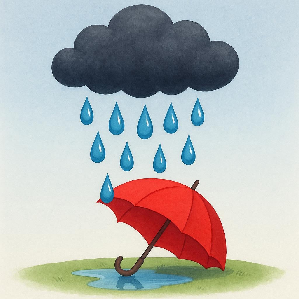 A dark, heavy rain cloud hanging directly above an open yellow umbrella, indicating that rain is about to fall immediately.