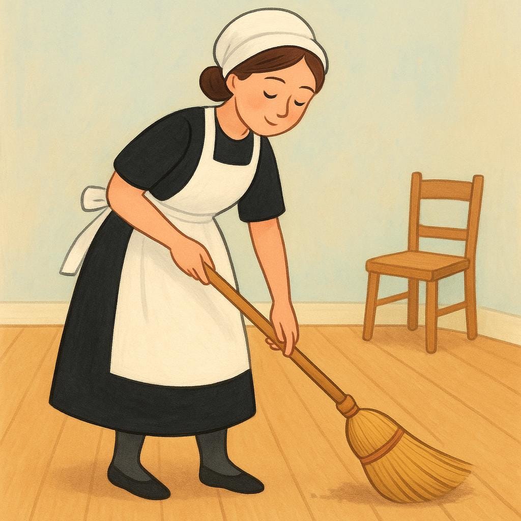 Een eenvoudige illustratie van een vrouw gekleed als dienstmeisje, die een bezem vasthoudt terwijl ze een schone, gestileerde vloer veegt.