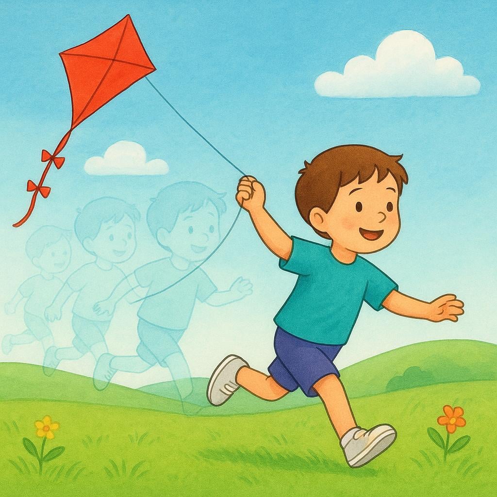 A simple, colorful storybook illustration of a child flying a red kite in a sunny field. Three faint, translucent versions of the child are shown immediately behind the main figure, suggesting a repeated past action or habit.