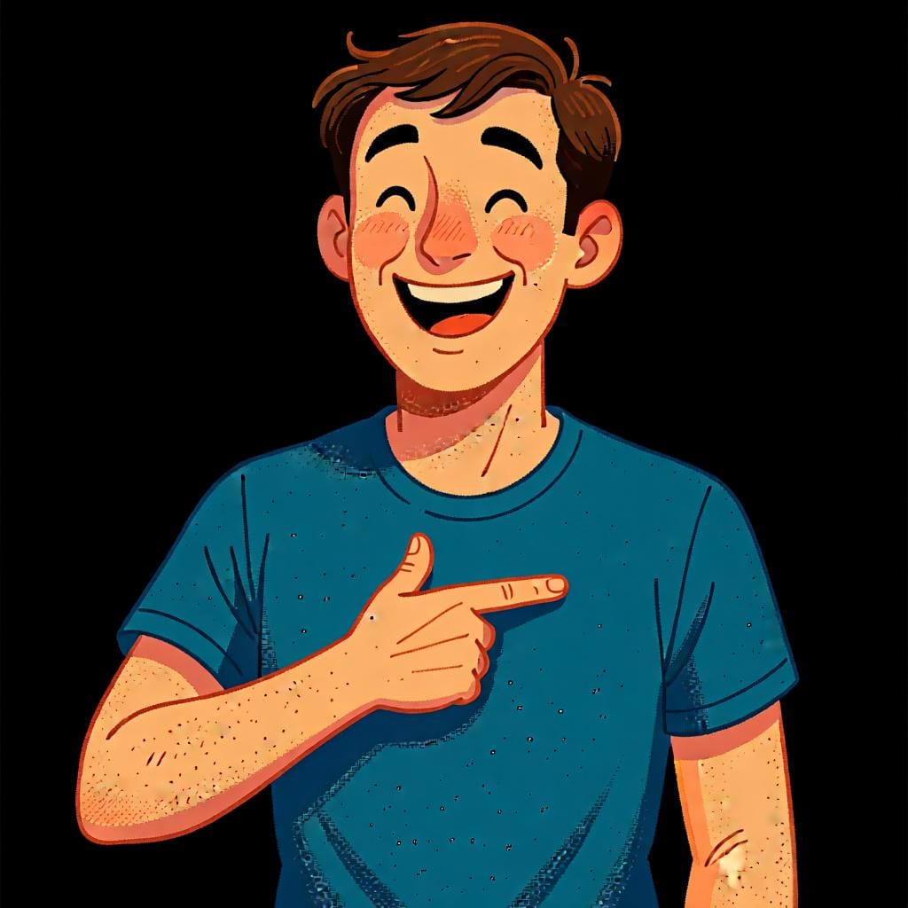 A person pointing proudly to their own chest with a friendly smile.