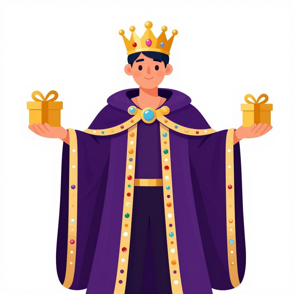 Une personne portant une couronne dorée brillante et une cape de velours couverte de bijoux, se tenant fièrement.