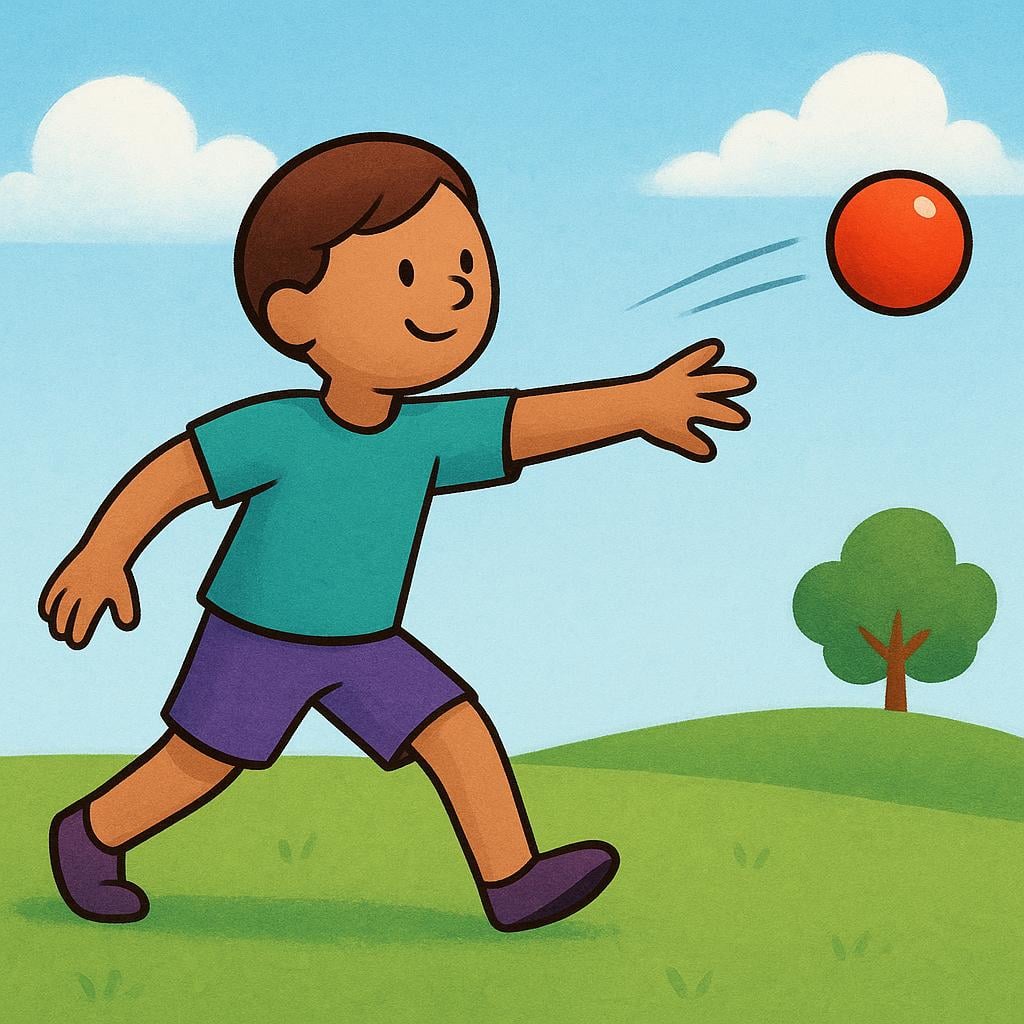 A colorful illustration showing a young person standing outdoors, mid-action, throwing a bright red ball high into the air.