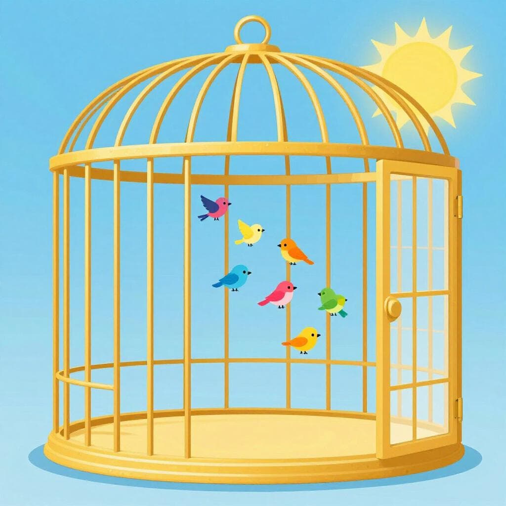 Een groep kleurrijke vogels die uit een open gouden kooi vliegen naar een heldere, zonnige hemel.