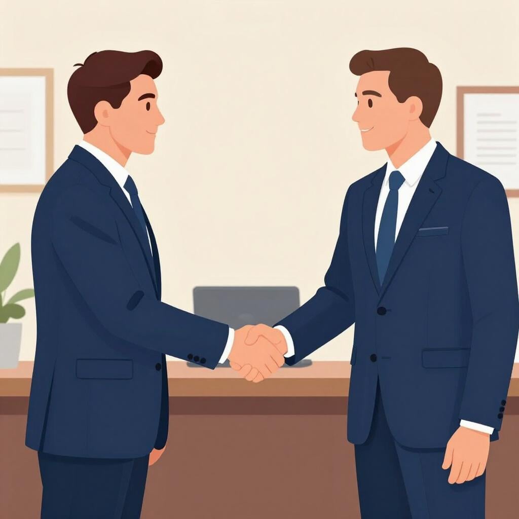 Un homme en costume d'affaires standard serrant la main d'un autre homme en costume d'affaires standard dans un cadre de bureau formel.