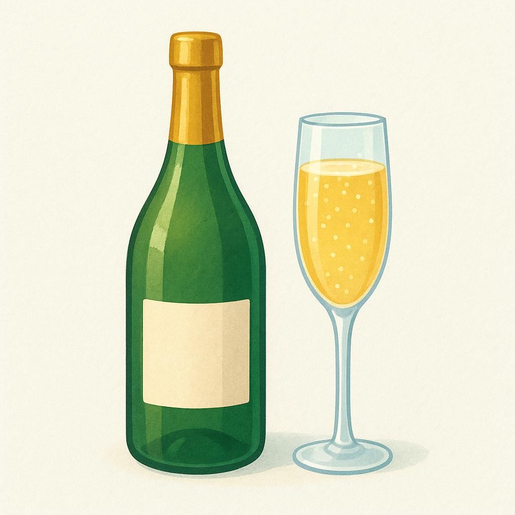 A green bottle of champagne with a golden label next to a tall glass filled with bubbly wine.