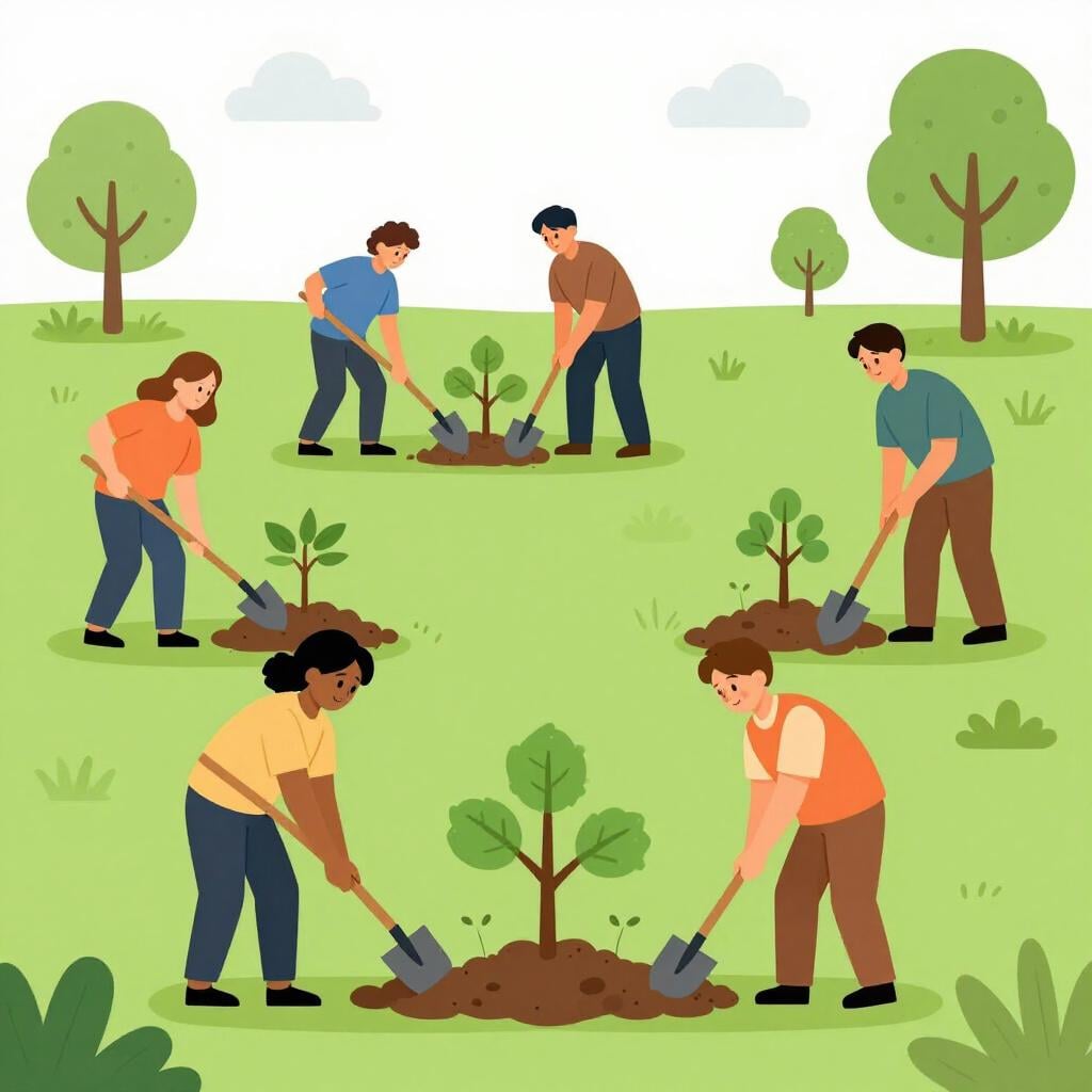 Een groep mensen die samenwerken om bomen te planten in een veld.