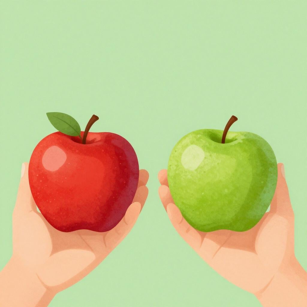 A person holding a red apple in one hand and a green apple in the other, looking closely at both.