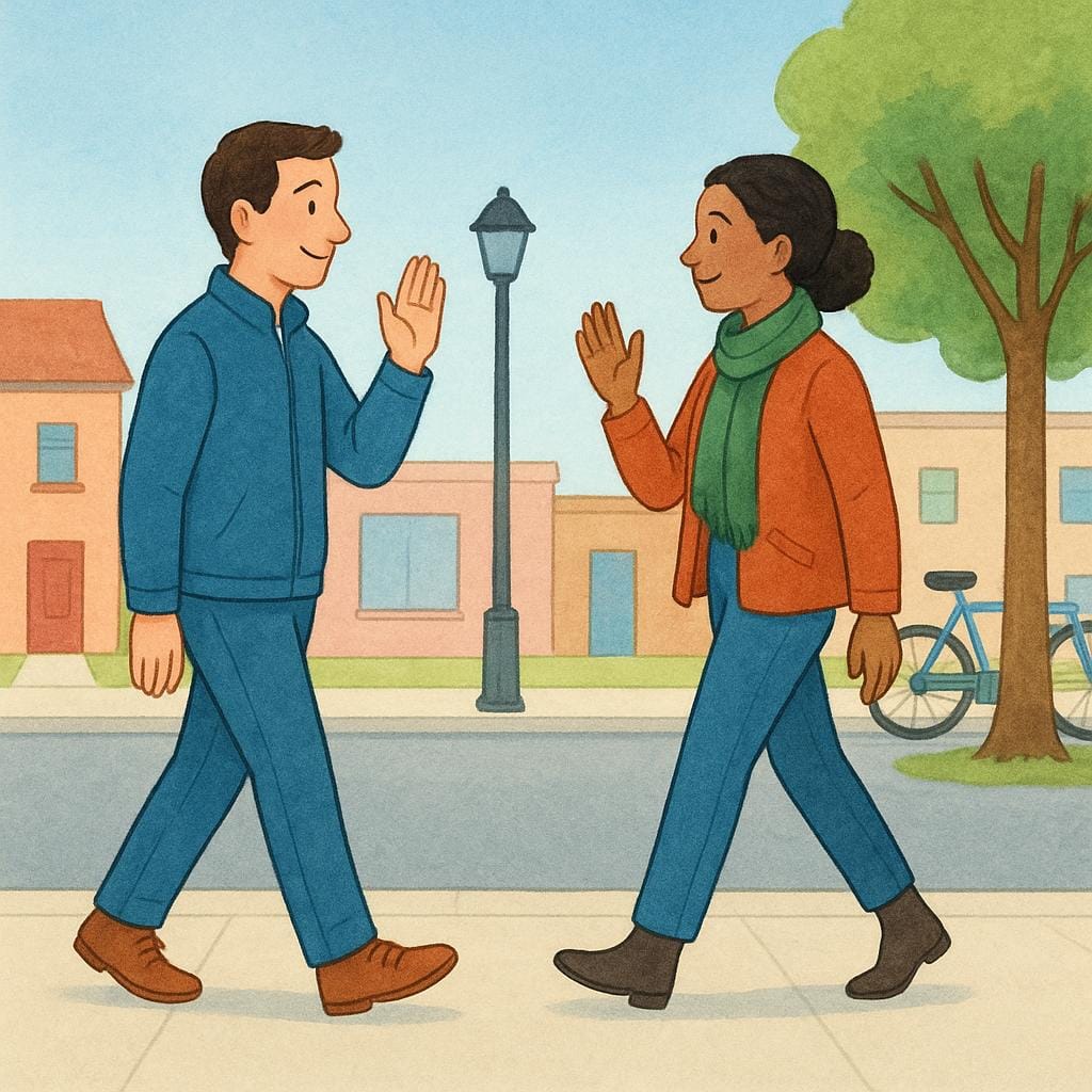 Two people in casual clothes passing each other on the street and giving a quick, polite wave, signifying a casual relationship.