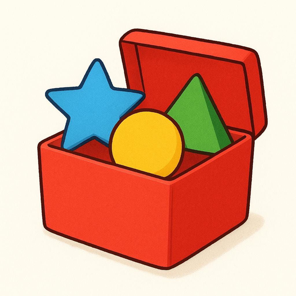 A large, open, friendly red square box containing an assortment of smaller, colorful shapes: a blue star, a yellow circle, and a green triangle, demonstrating inclusion.