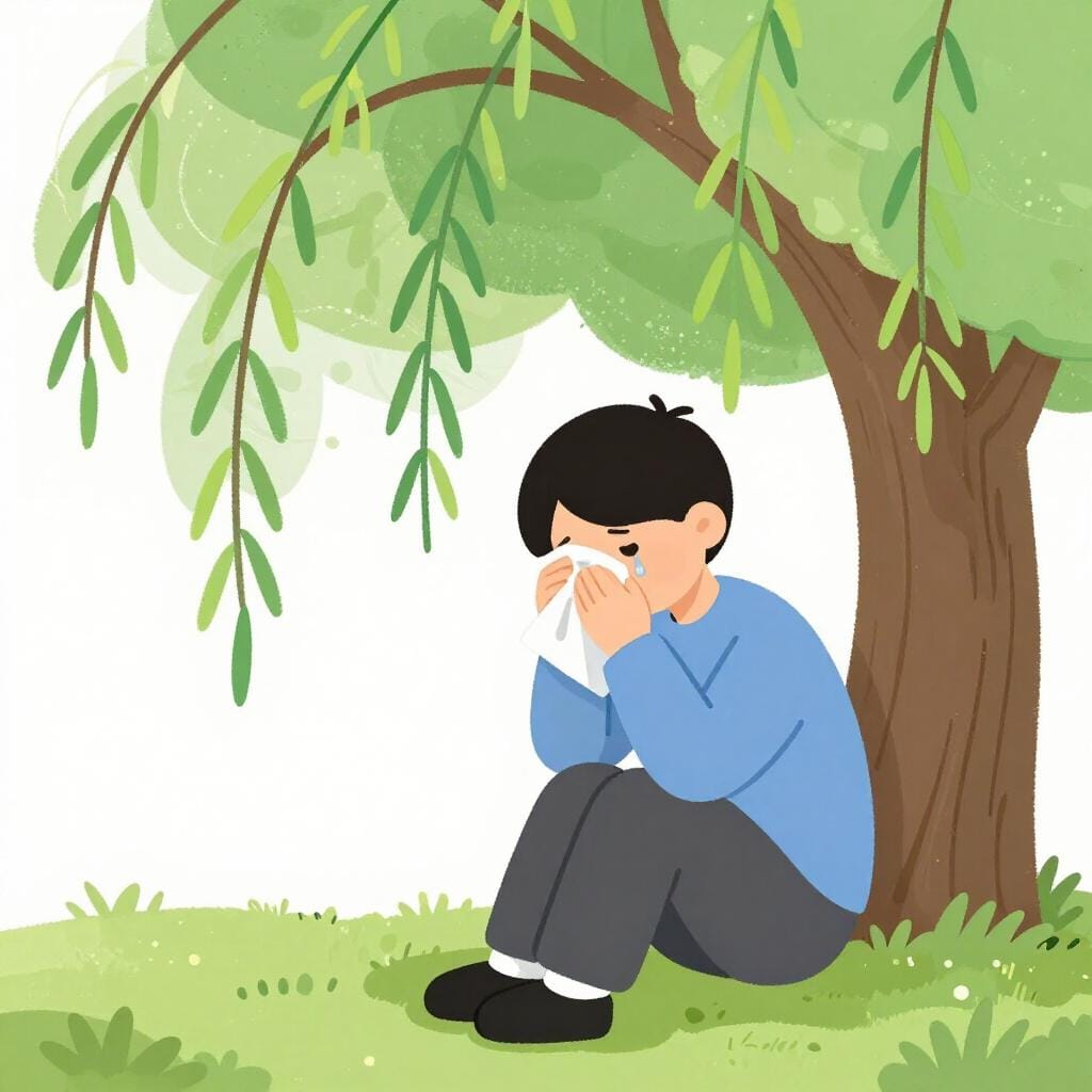 A person sitting alone under a large willow tree, wiping a tear from their eye with a handkerchief.