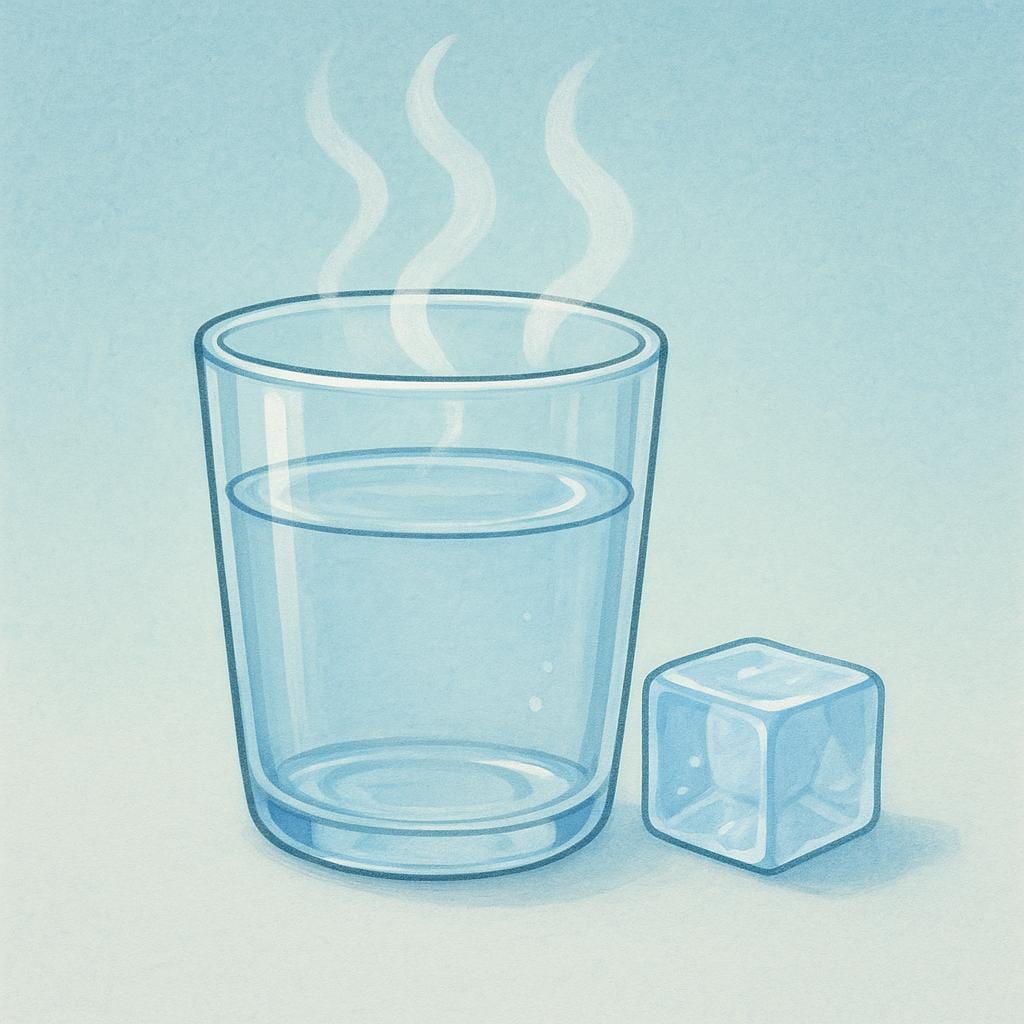 A visual representation of the three states of matter: an ice cube (solid), water in a glass (liquid), and steam rising from the water (gas).