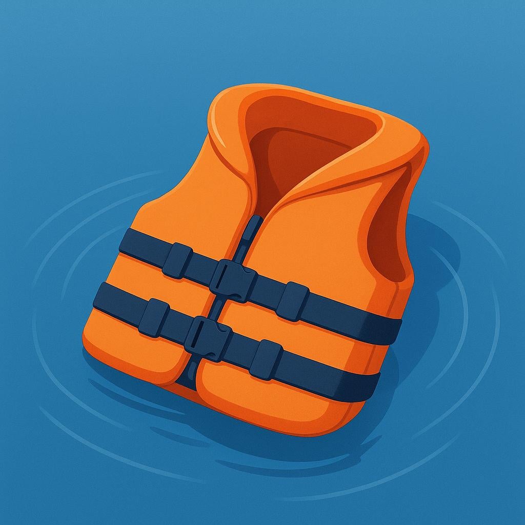 A bright orange life jacket with reflective strips floating gently on calm blue water.