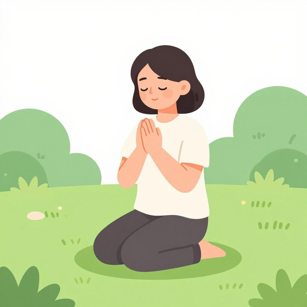 A person kneeling peacefully in a quiet garden with eyes closed and hands folded.