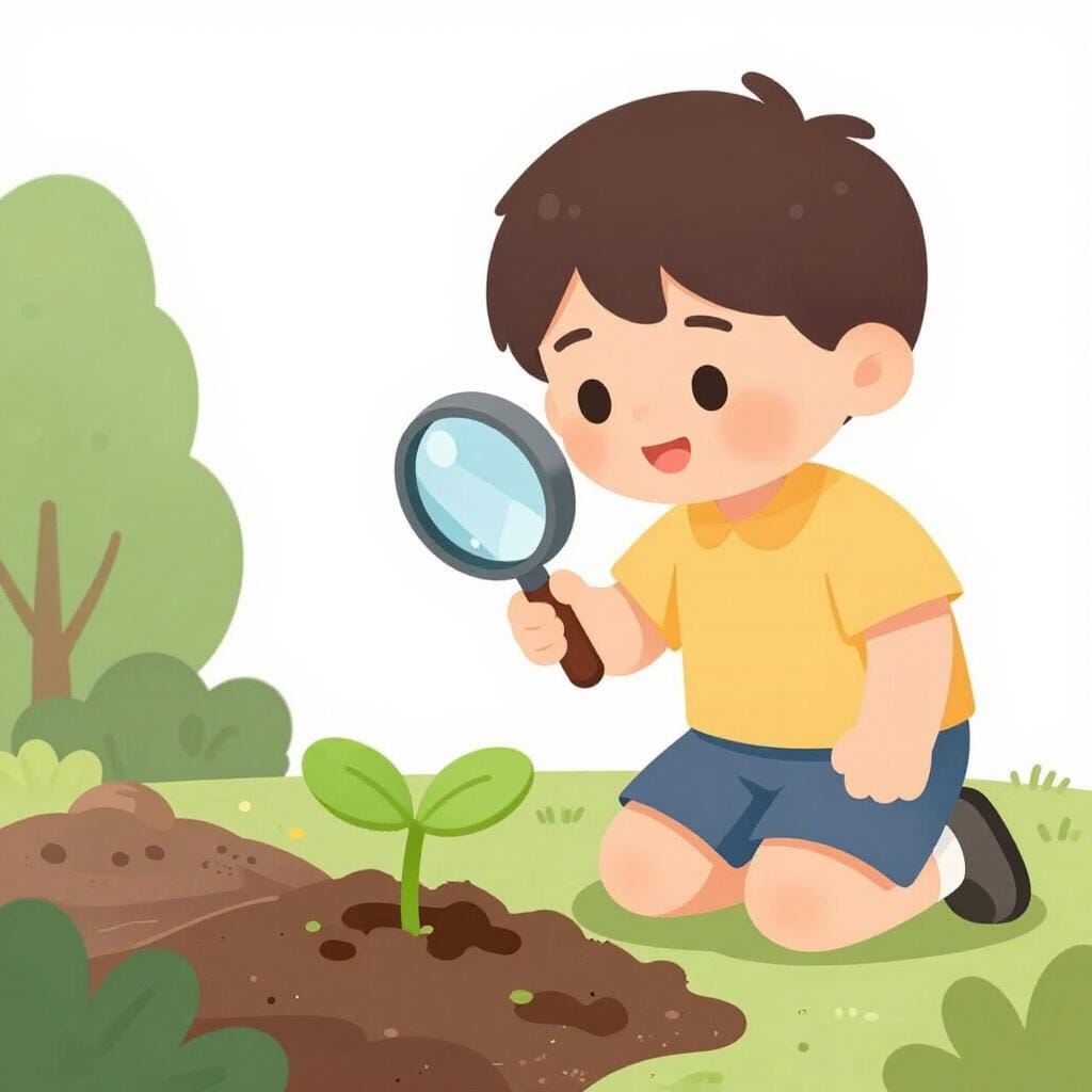 돋보기로 흙 속의 작은 녹색 새싹을 관찰하는 아이.