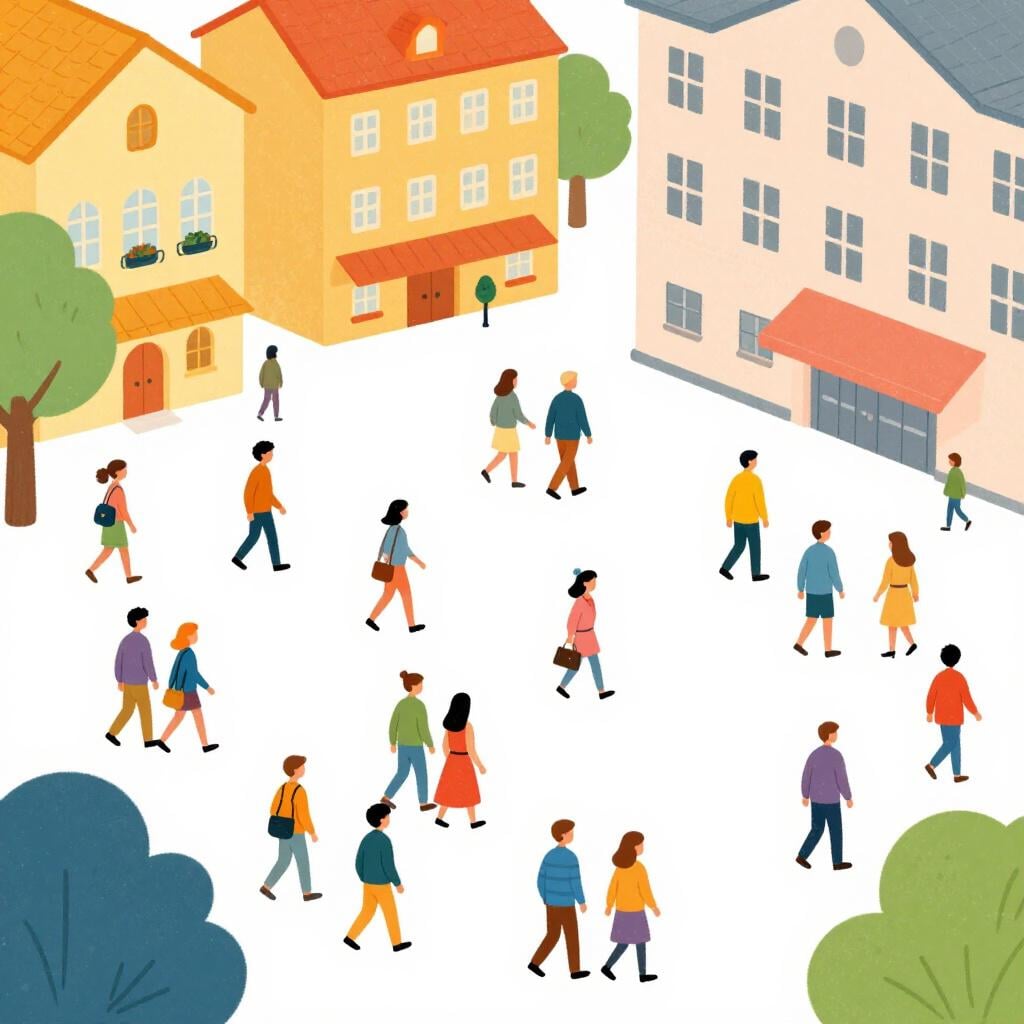 A wide shot of a bustling town square filled with many diverse people walking and talking.