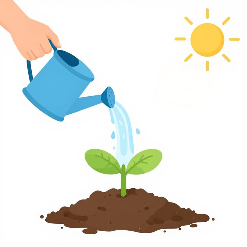 A small green seedling growing out of rich brown soil being watered by a watering can.