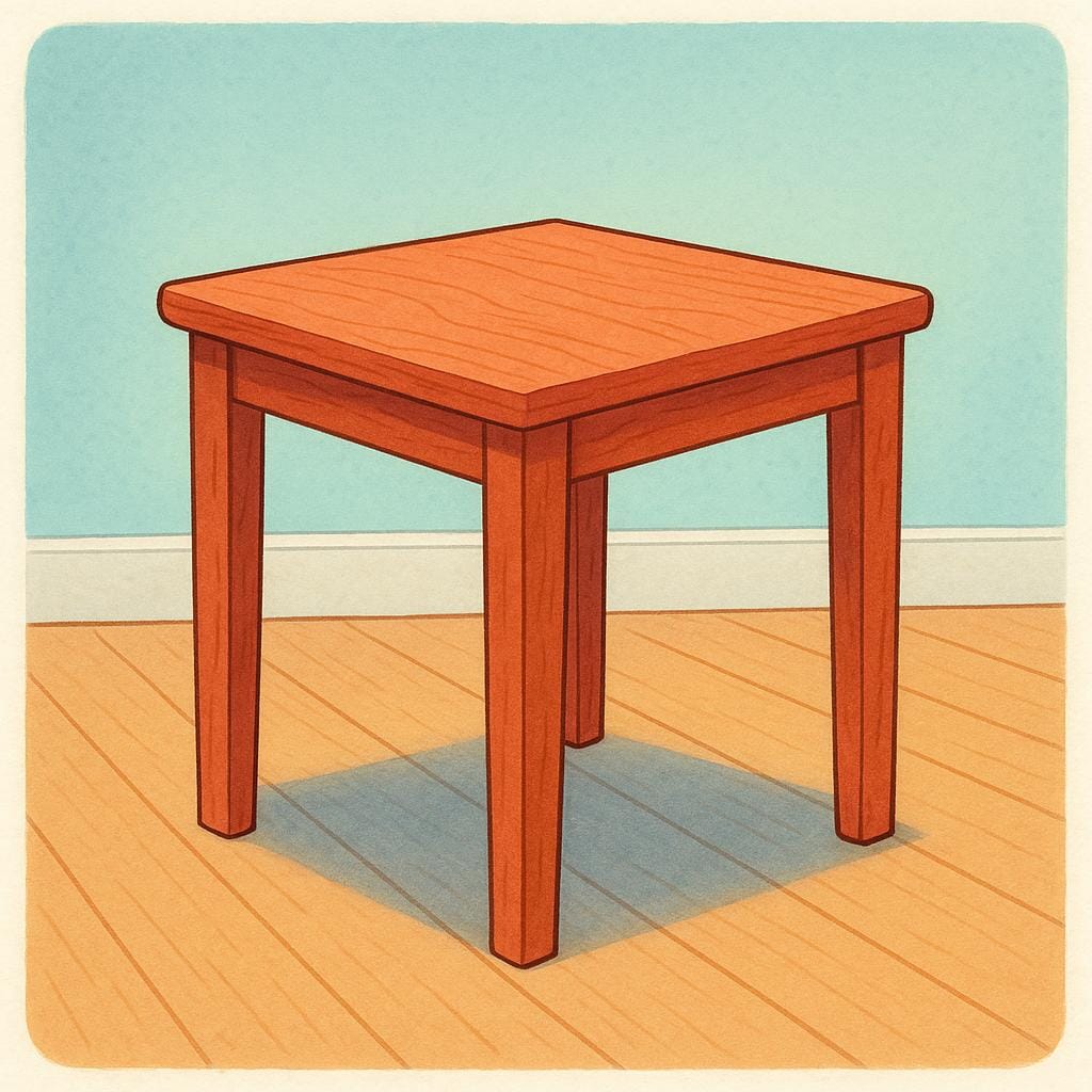 A simple wooden dining table standing alone, ready for use.