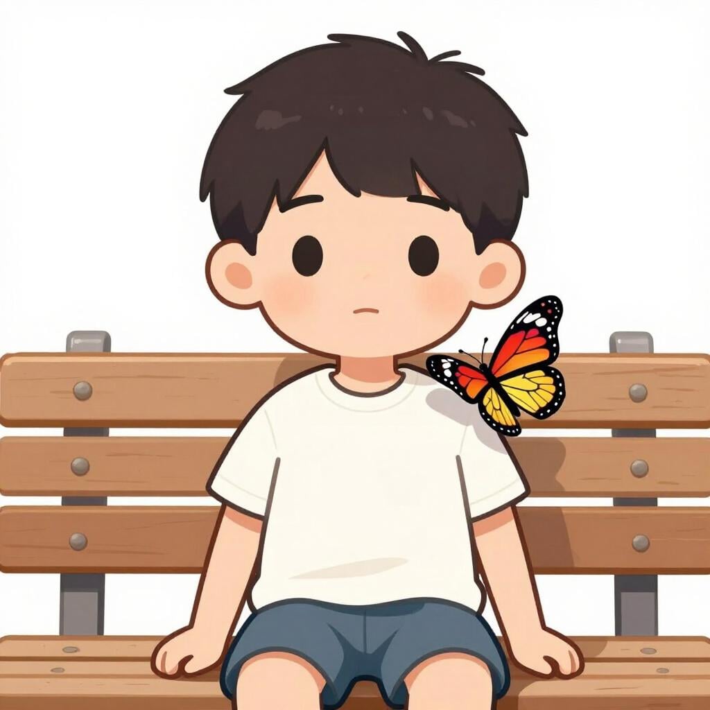 A child looking away with a neutral expression while a colorful butterfly lands on their shoulder.