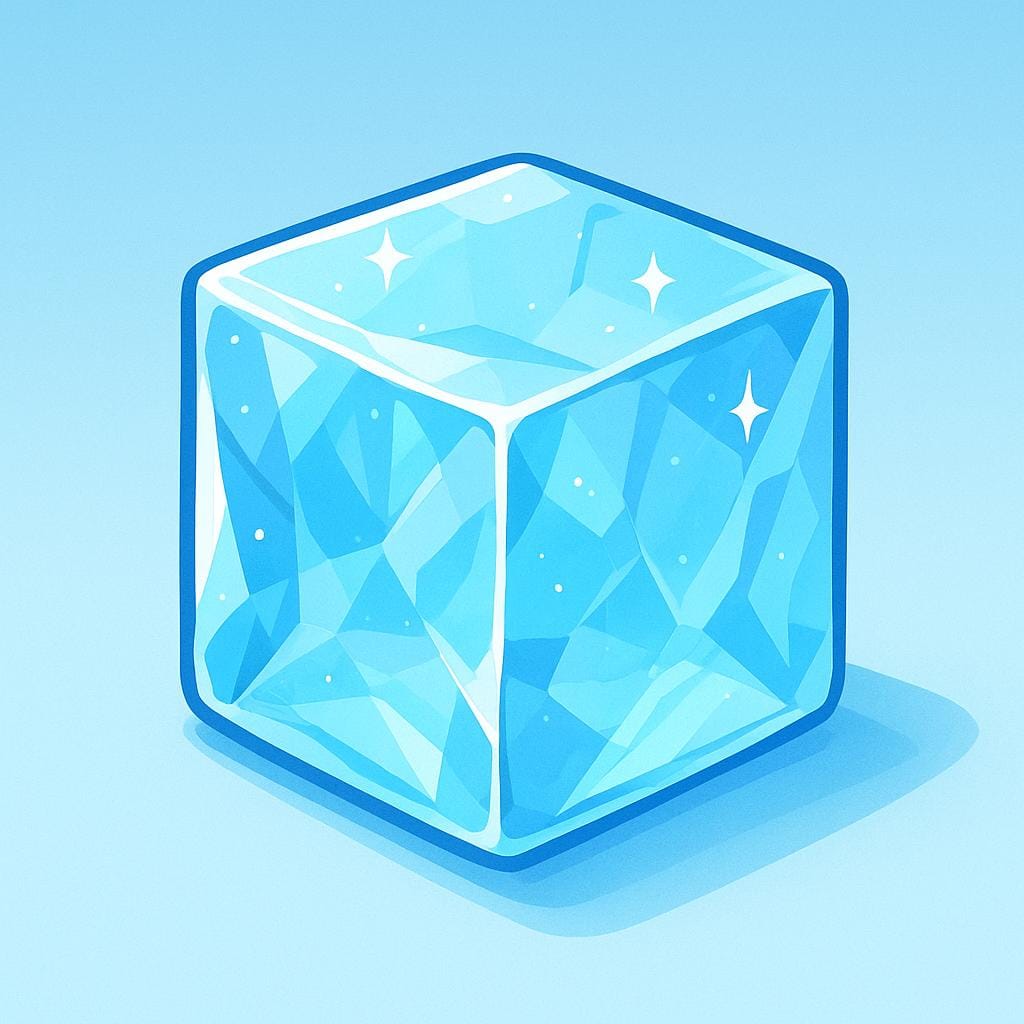 A perfect, crystalline block of ice is resting on a light blue surface, clearly depicting the solid physical state of water.
