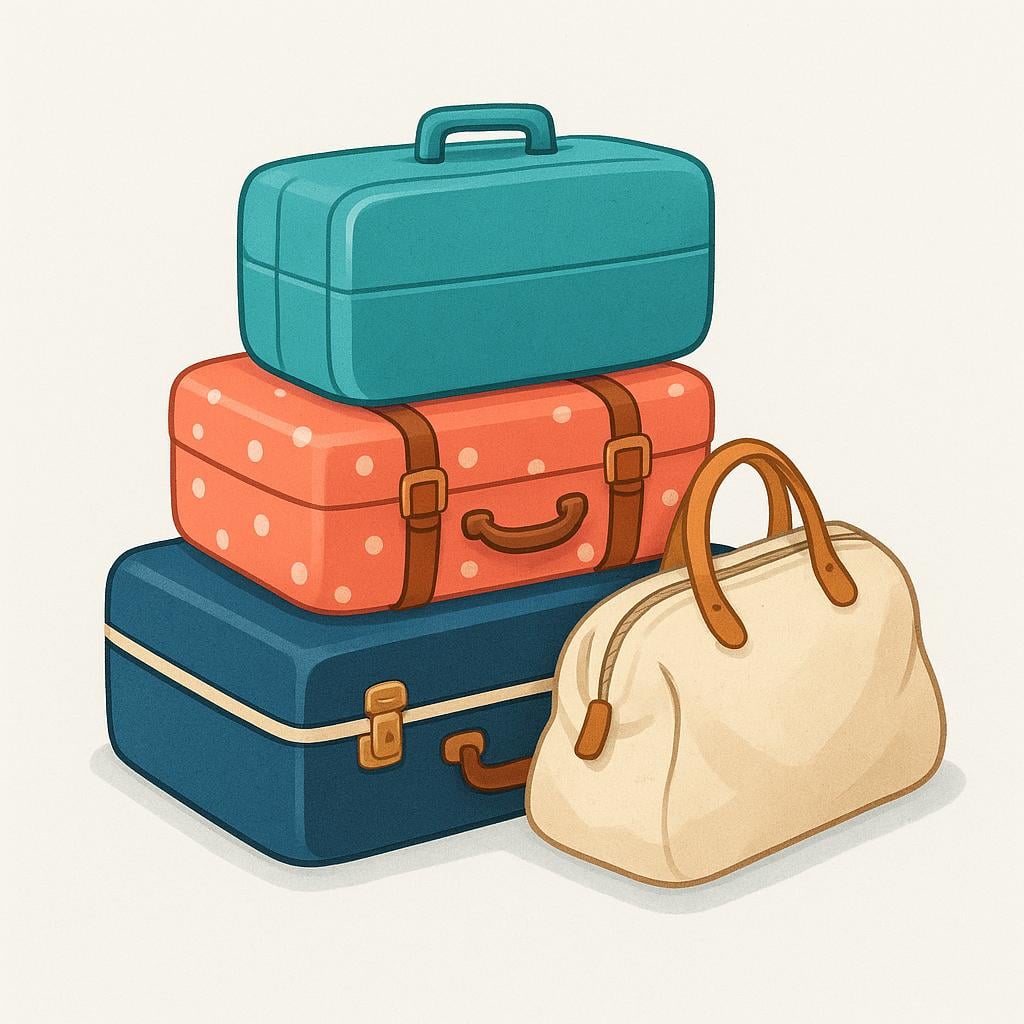 A small pile of colorful luggage, including three different-sized suitcases and a duffel bag, stacked unevenly and ready for travel.