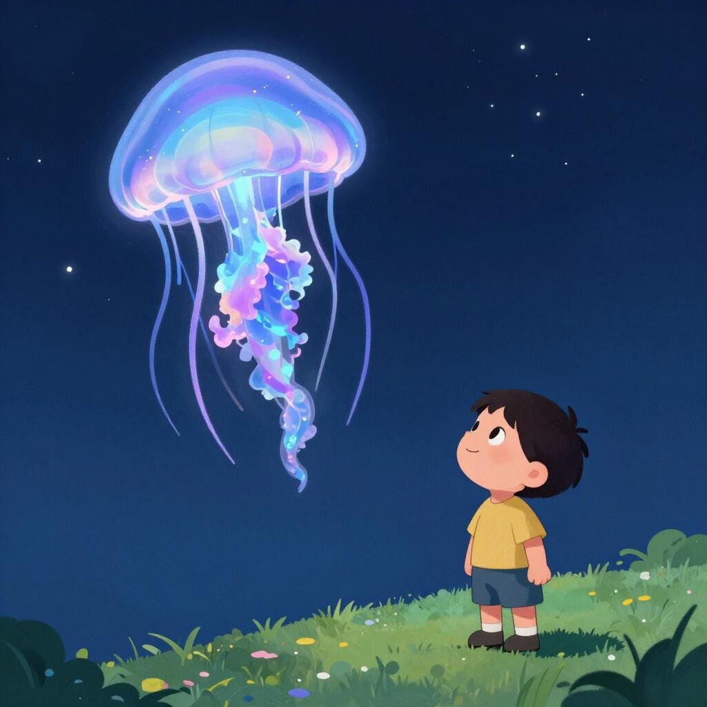 Un enfant regardant avec émerveillement une méduse géante, lumineuse et colorée flottant dans les airs.