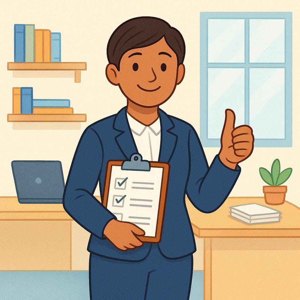 A friendly person wearing a neat business suit stands in a brightly lit, organized office, holding a clipboard and giving a positive thumbs-up gesture.