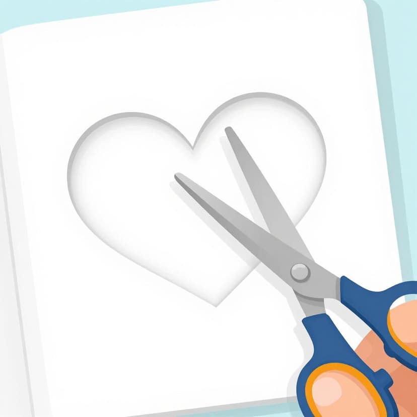 A child's hand using safety scissors to cut a red heart shape out of a piece of blue construction paper.