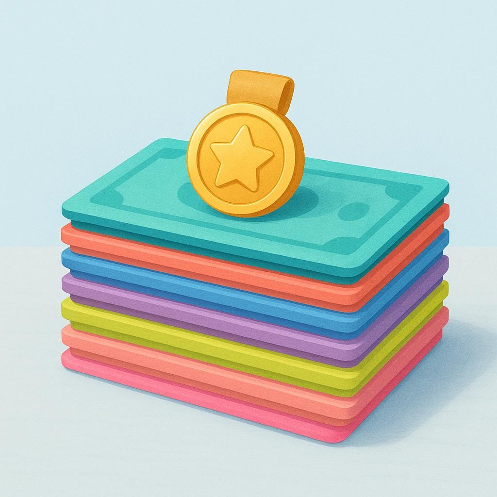 A neat stack of colorful bills on a table with a small, shiny gold medal resting on top, symbolizing an extra bonus payment.