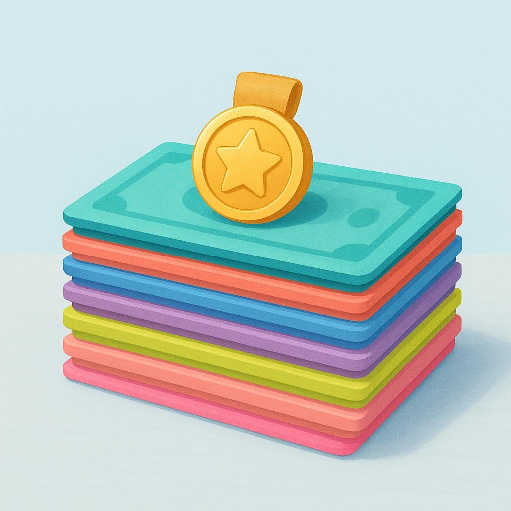 A neat stack of colorful bills on a table with a small, shiny gold medal resting on top, symbolizing an extra bonus payment.