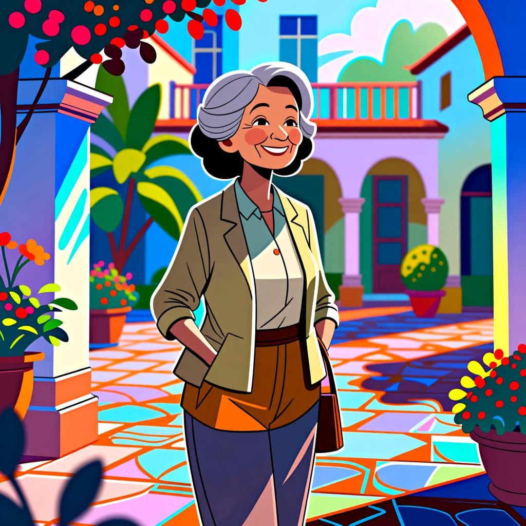 A respectful adult woman, perhaps a teacher or matriarch, smiling kindly while being greeted formally.