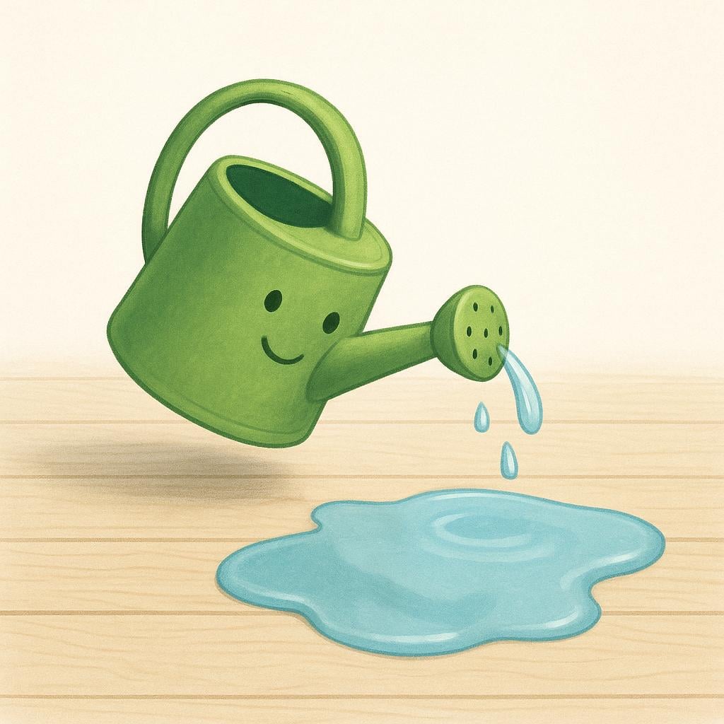 A simple storybook illustration of a small, stylized watering can tipping over, causing a pool of water to collect on a wooden surface.