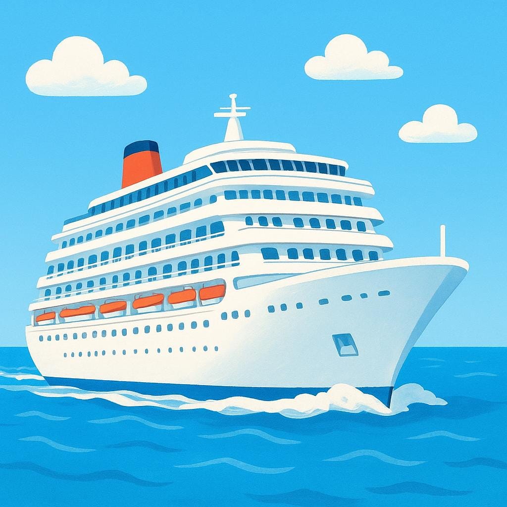 A large, white cruise ship sailing on calm blue water under a sunny sky, meant for pleasure travel.
