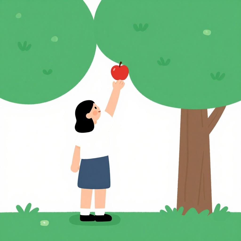 A person reaching their arm out to pick a bright red apple from a high tree branch.