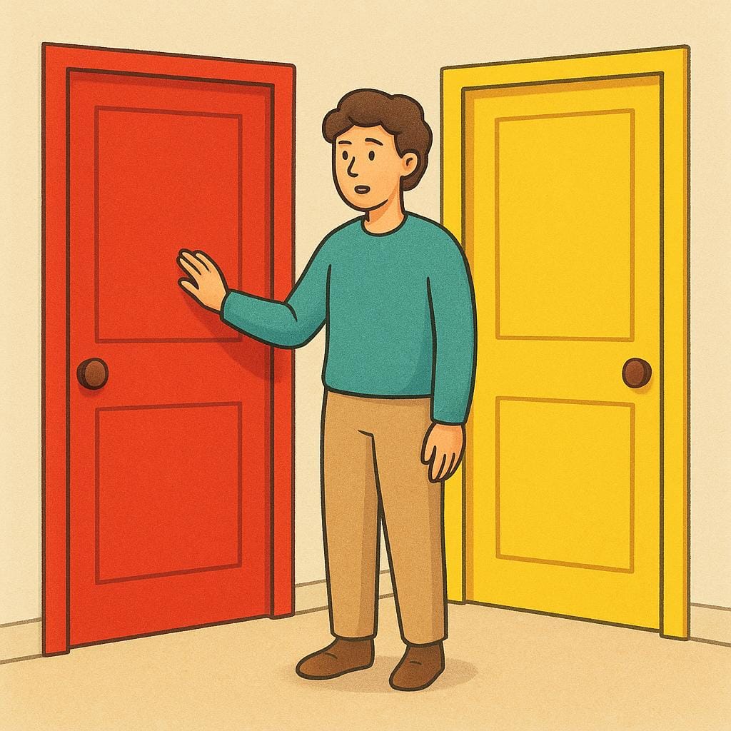 Una persona in piedi tra una porta rossa e una porta gialla, che tocca delicatamente la porta rossa mentre parla a bassa voce, illustrando una preferenza condizionale.