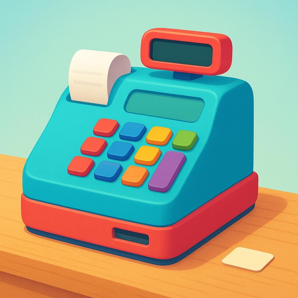 A brightly colored, simple cash register machine sitting on a retail counter.