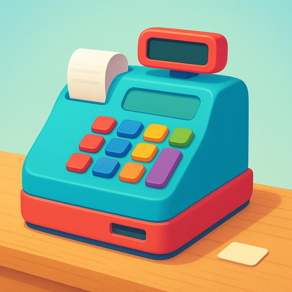 A brightly colored, simple cash register machine sitting on a retail counter.