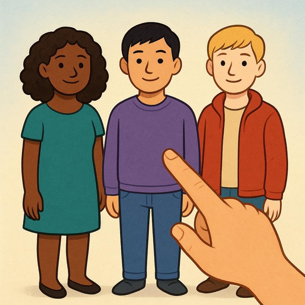 A colorful storybook illustration showing three diverse people standing together. A large, simple hand enters the frame from the side and points directly at the group, symbolizing a question directed at multiple individuals.