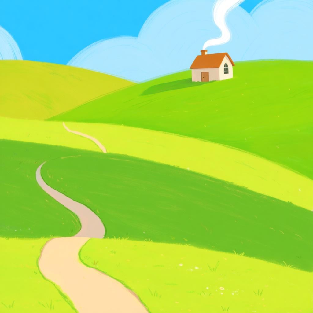 A picturesque landscape featuring a winding path leading through vibrant green hills toward a small, welcoming cottage, symbolizing a return to one's native land.