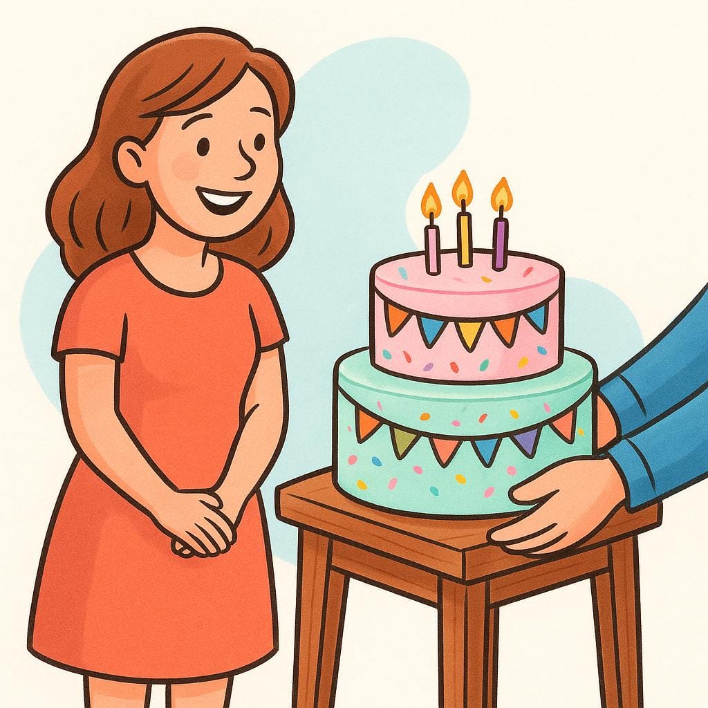 A smiling woman standing next to a wooden table. On the table is a brightly colored birthday cake that she has just set down, illustrating the completed action of bringing an item.