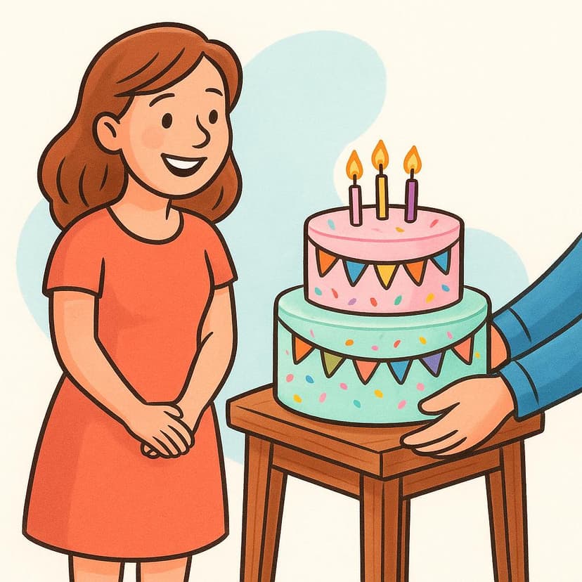 A smiling woman standing next to a wooden table. On the table is a brightly colored birthday cake that she has just set down, illustrating the completed action of bringing an item.