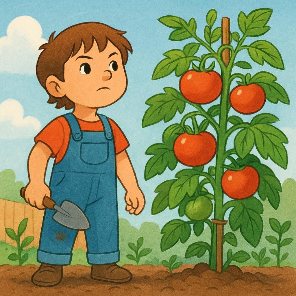 A determined child in a garden holding a small shovel and intently looking at a large, ripe tomato plant, symbolizing future intention.