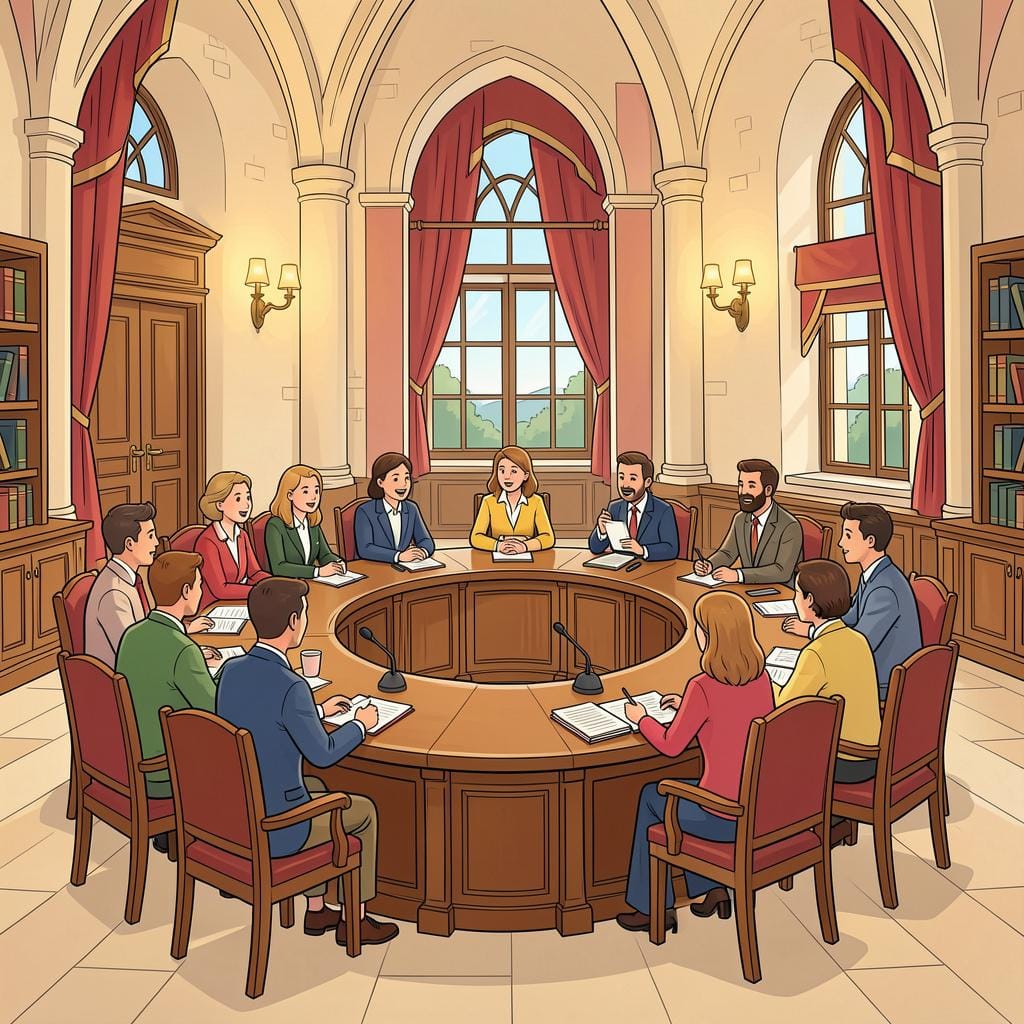 A group of people seated in a semi-circle of desks within a grand hall, representing a legislative assembly.