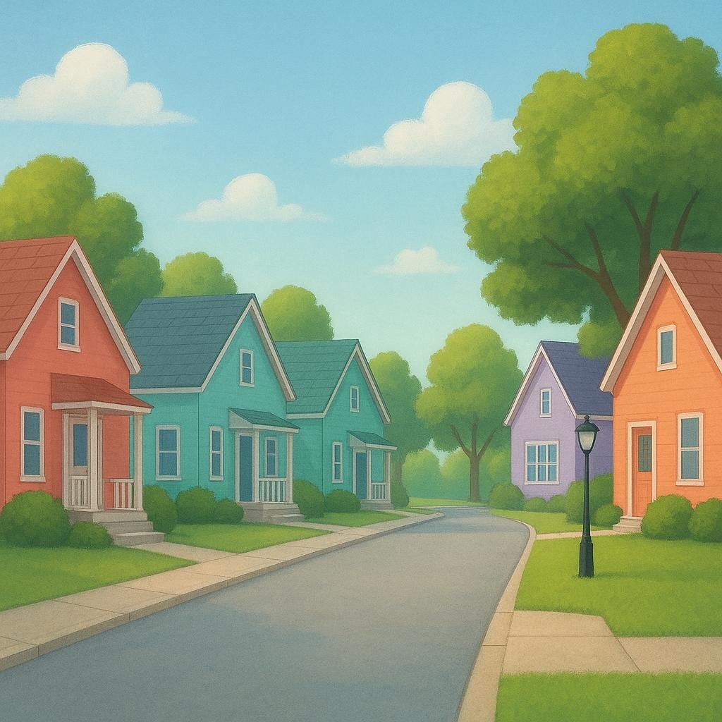 A view of a cheerful neighborhood street with multiple simple, colorful houses lined up among green trees.