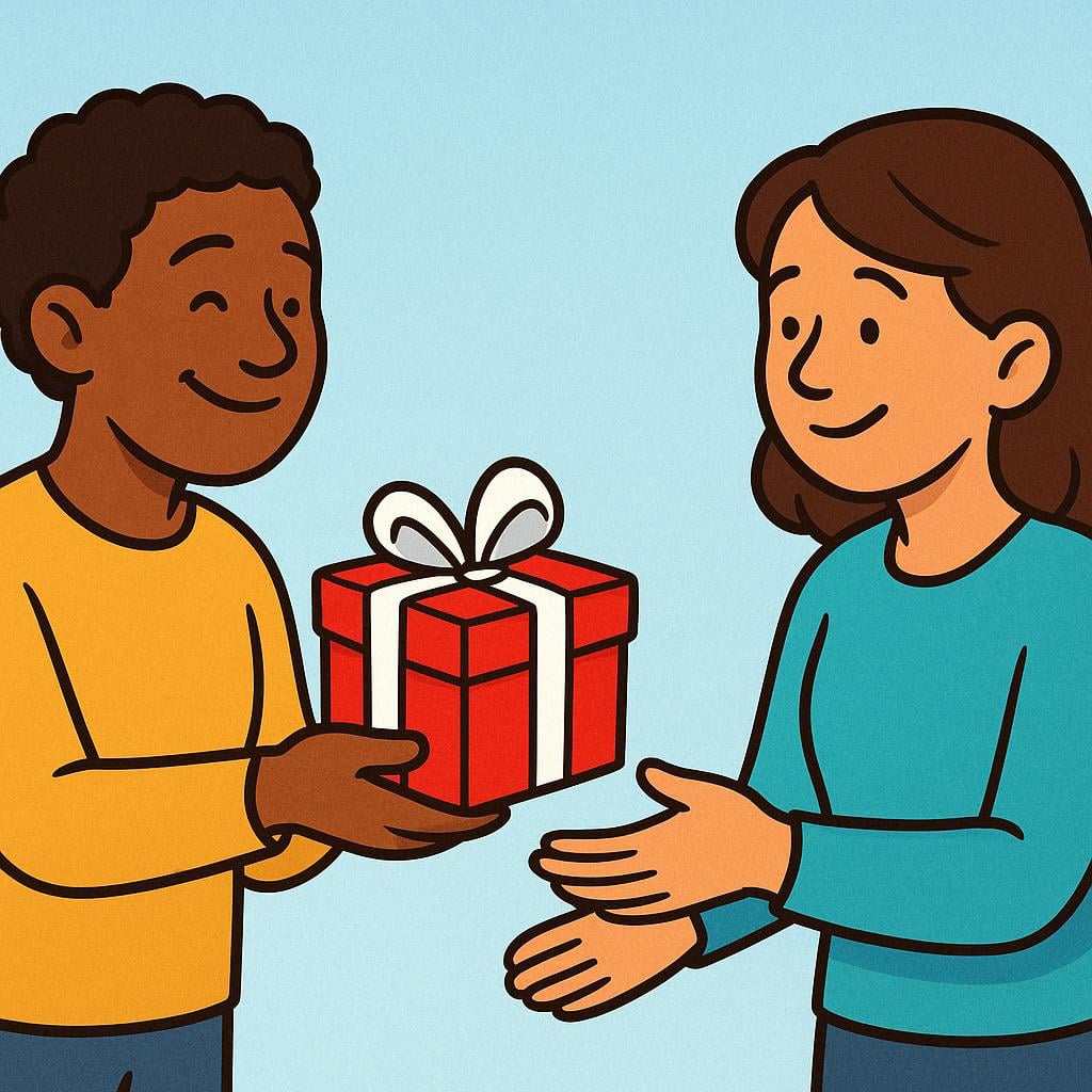 A cartoon figure is extending a brightly wrapped gift package toward another figure, symbolizing an offer.